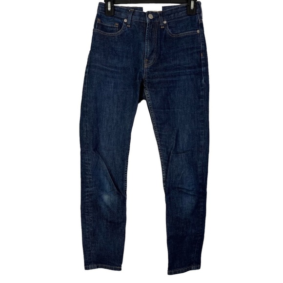 EVERLANE HIGH RISE Zip Fly Stretch Dark Wash Distressed Blue Jeans sz 24 Ankle - Picture 1 of 16